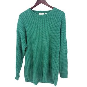 VTG Cotton Cable Knit Sweater XL Old Money Preppy Oversized Textured Green